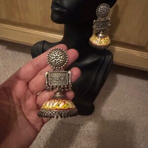 Fusion Jhumkas in Silver and Yellow Ethnic Earrings